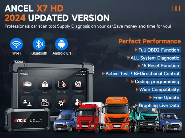 ANCEL X7 HD Heavy Duty Truck Diagnostic Tool Full System 12V 24V EPB ABS Oil Reset SAS DPF Regen TPMS ECU OBD2 Truck Scanner