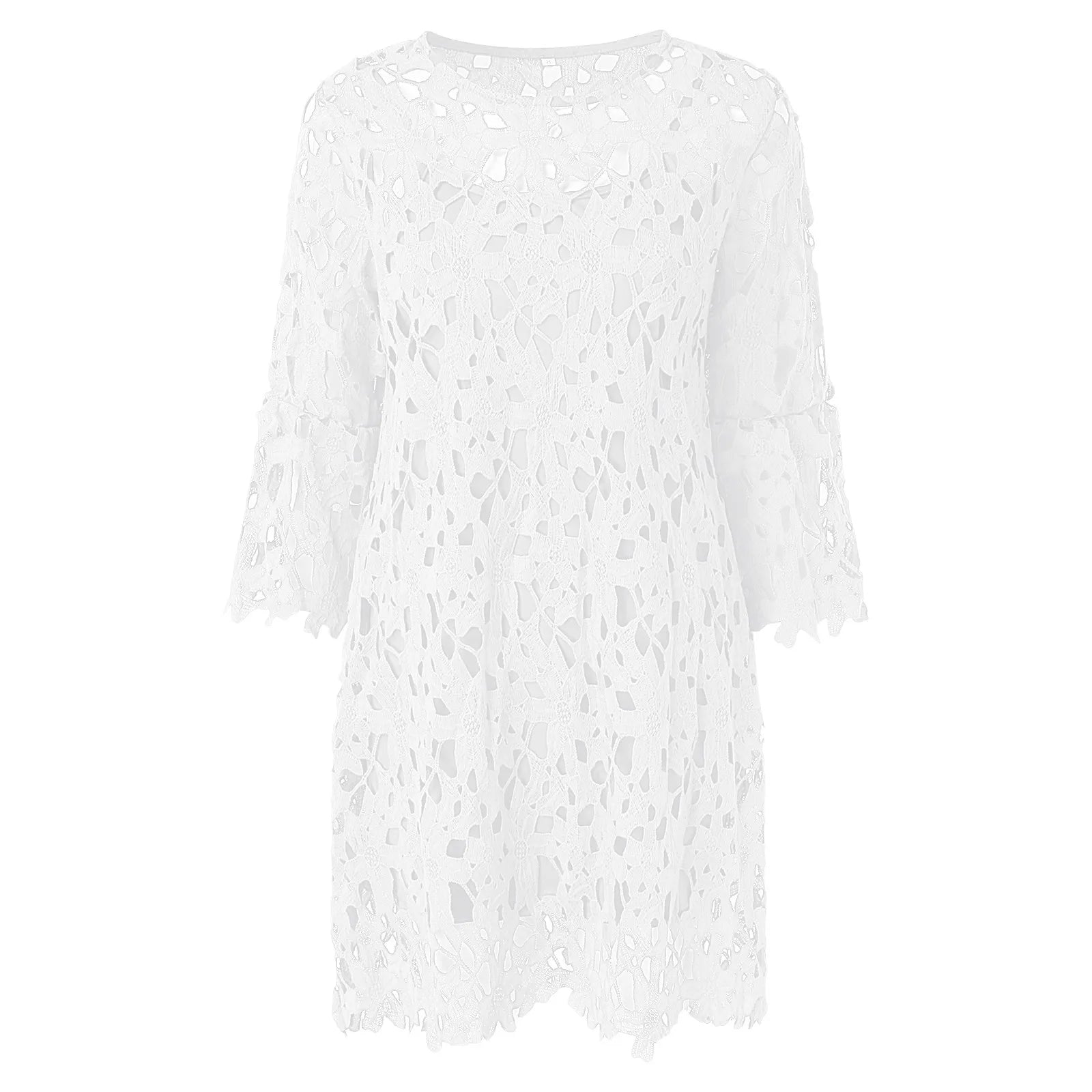 Retro Boho Floral Lace White Dresses Woman 2pcs Ethnic Style Hollow Cover Ups Beach Dress And Crop Tops Bather Bathing Suit