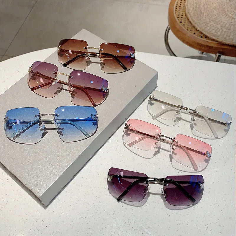 Gafas de sol cuadradas sin montura de diseñador de marca de lujo Y2K para mujer, gafas de sol modernas con diseño de mariposa de diamantes, tonos punk rosa, UV400