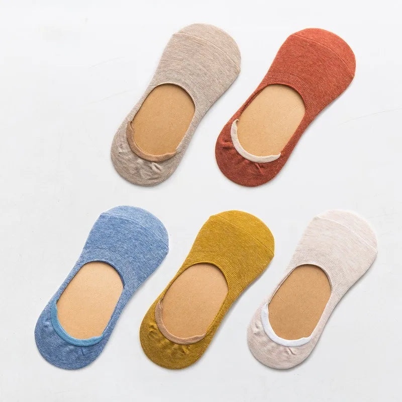 10 Pieces = 5 Pairs Women Invisible Boat Socks Spring Summer Solid Color Fashion Wild Shallow Mouth Felmen Slipper Cotton Sock