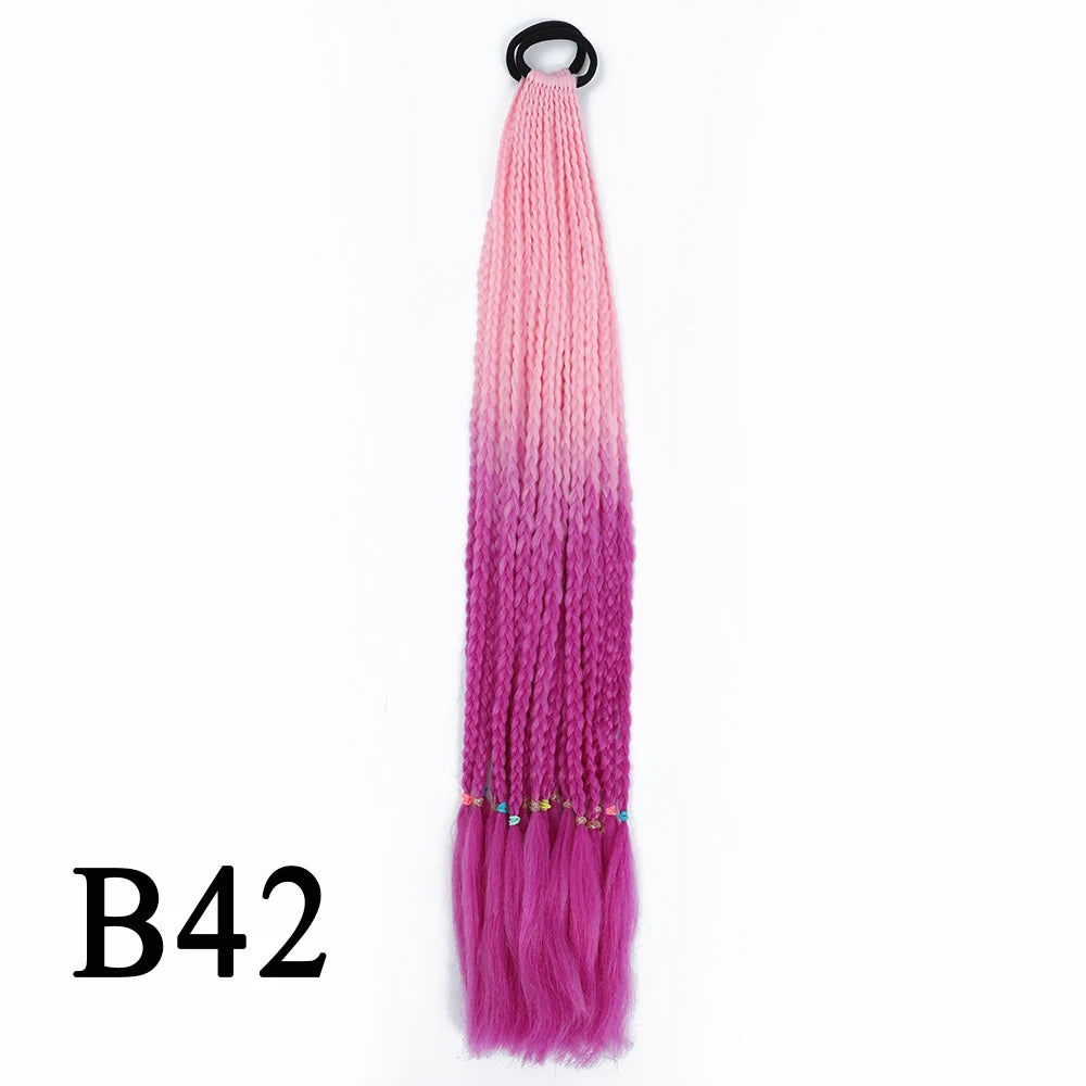 Synthetic 24 Inch Long Colored Box Braids Hair Ponytail With Rubber Bands Rainbow Twist Braided Highlights Ponytail For Women
