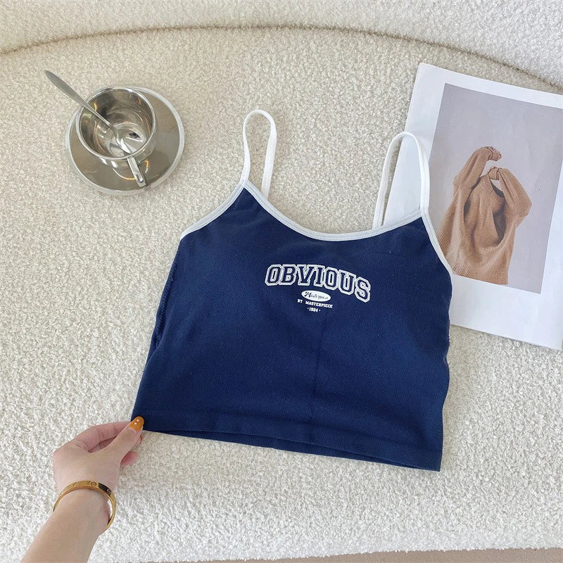2024 Summer Letter Printing Tops Spaghetti Camisole Women With Padded Bra Crop Tops O-Neck Solid Crop Tops Y2k Sports Short Vest