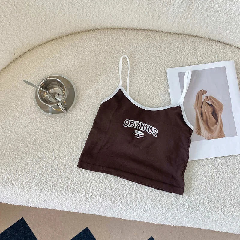 2024 Summer Letter Printing Tops Spaghetti Camisole Women With Padded Bra Crop Tops O-Neck Solid Crop Tops Y2k Sports Short Vest