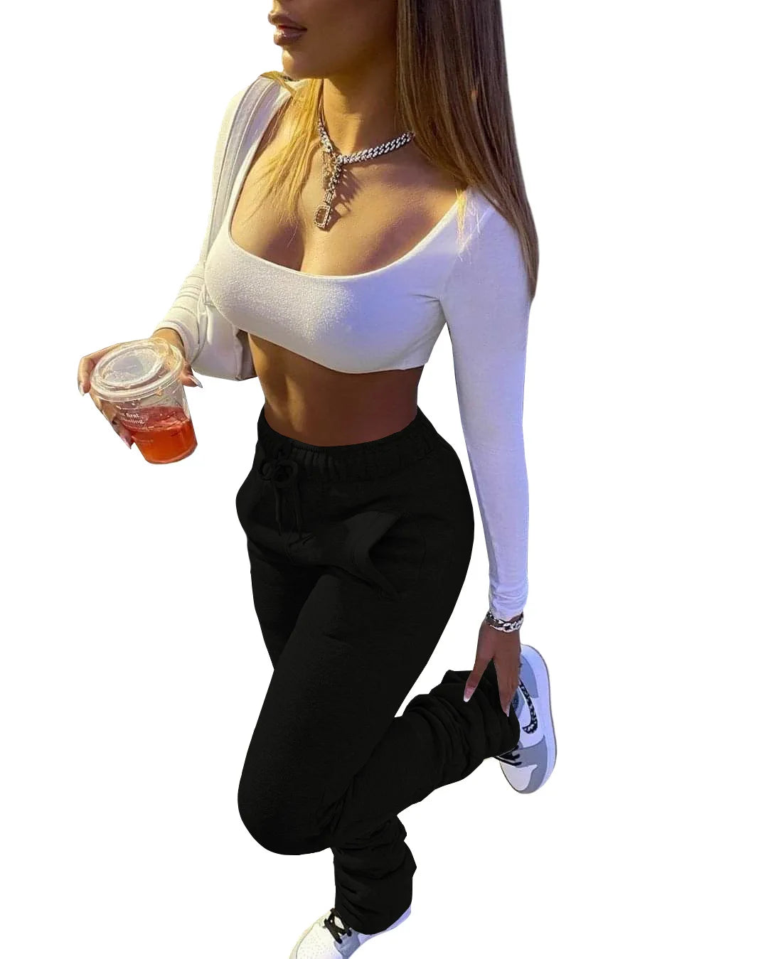 XS-3XL Size Stacked Sweat Pants Fall Winter Womens Mid Waist Thick Stacked Fleece Pants Joggers Long Trousers Sweatpants