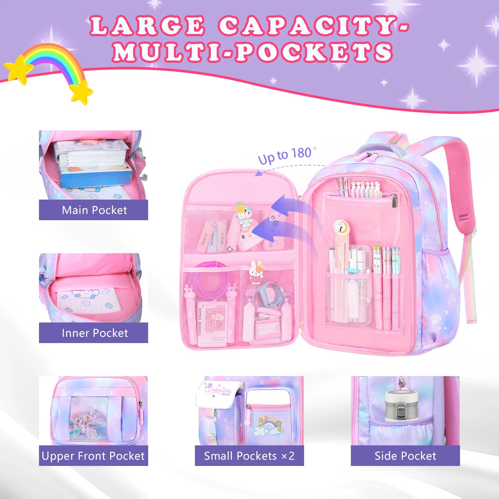 3Pcs School Backpack for Girls Large Capacity Kid's School Bag with Lunch Pancil Carry Case Bag Travel Backpack Child Gift