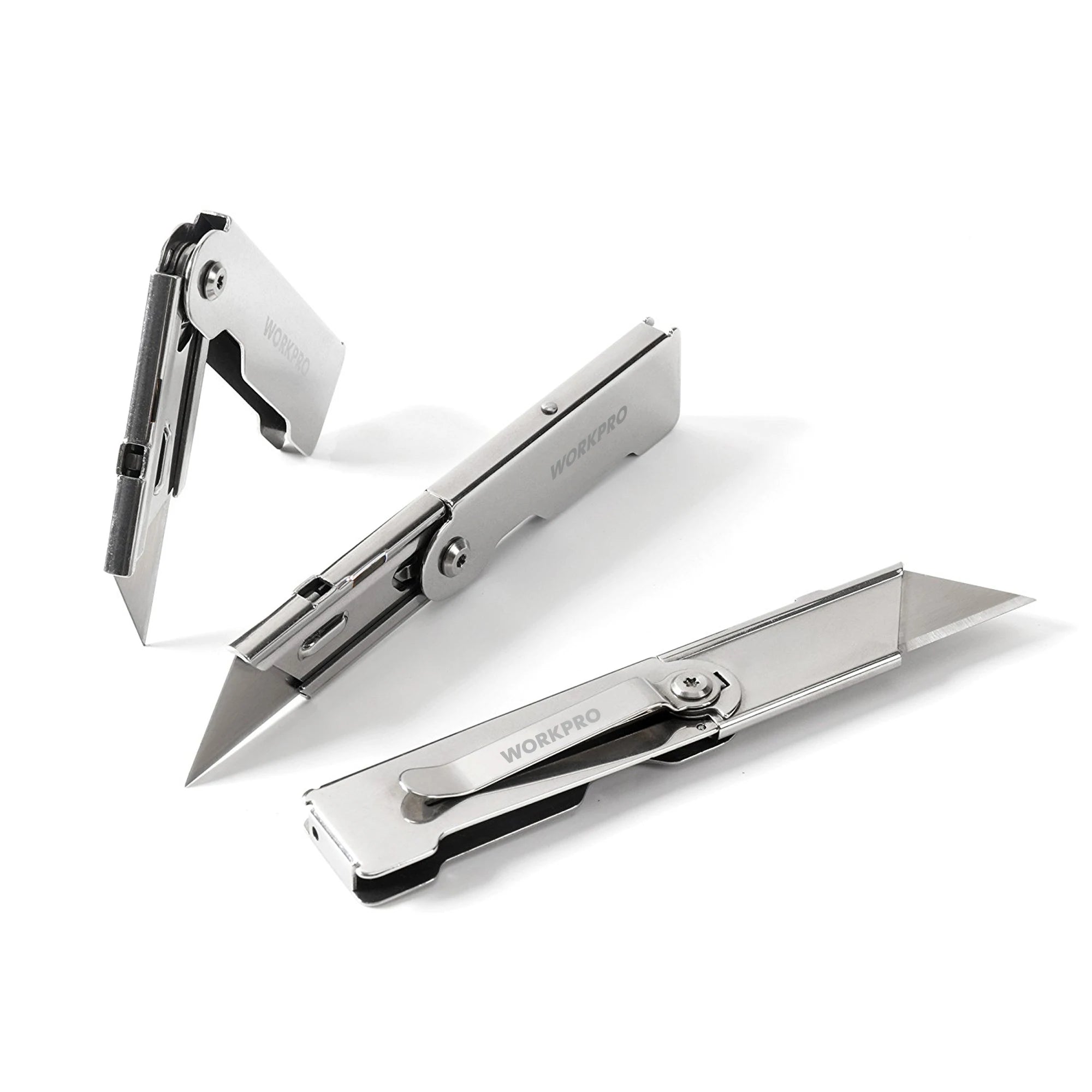 WORKPRO 3pcs Folding Utility Knife Stainless Steel Quick Realse Pocket Knife with Belt Clip Sharp Blade General-Purpose Cutting