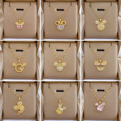 Disney Cartoon Mickey Minnie Mouse Zircon Pendant Necklace for Women Girl Stainless Steel Chain Sweet Gift for Friends Kids