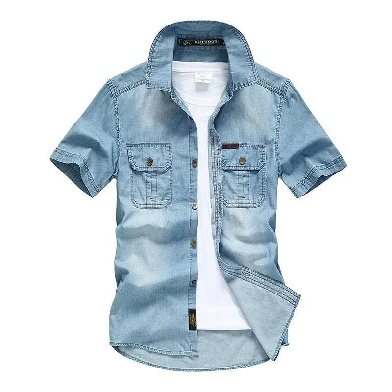 Herren Denim Shirt mit mehreren Taschen, neue Sommer-Kurzarm-Jeanshemden in Blau, hohe Qualität, Herren-Freizeithemden aus Baumwolle, Größe 5XL