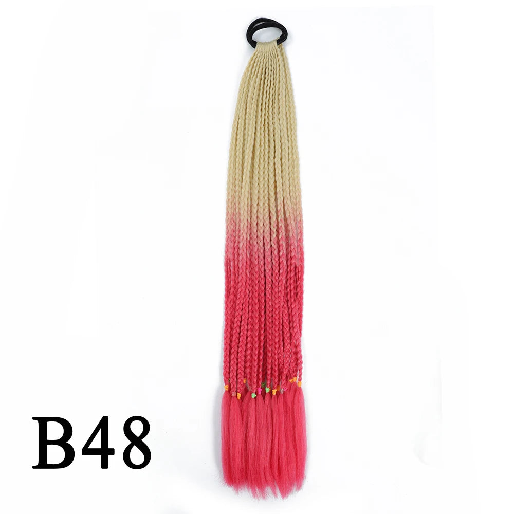 Synthetic 24 Inch Long Colored Box Braids Hair Ponytail With Rubber Bands Rainbow Twist Braided Highlights Ponytail For Women
