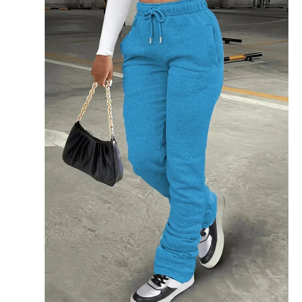 HLJ&GG Spring New Drawstring Jogger Pants Women High Waisted Stacked Trousers Casual Female Solid Color Matching Sporty Bottoms