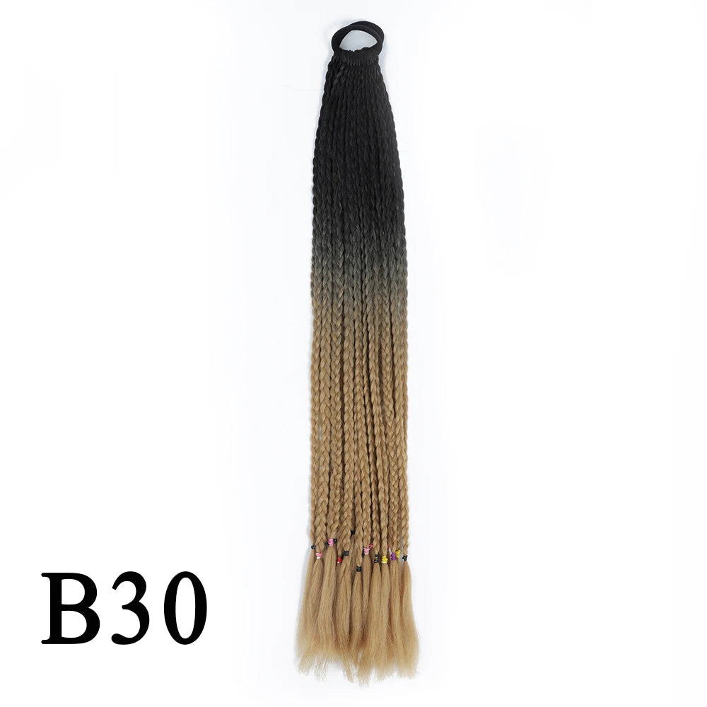 Synthetic 24 Inch Long Colored Box Braids Hair Ponytail With Rubber Bands Rainbow Twist Braided Highlights Ponytail For Women