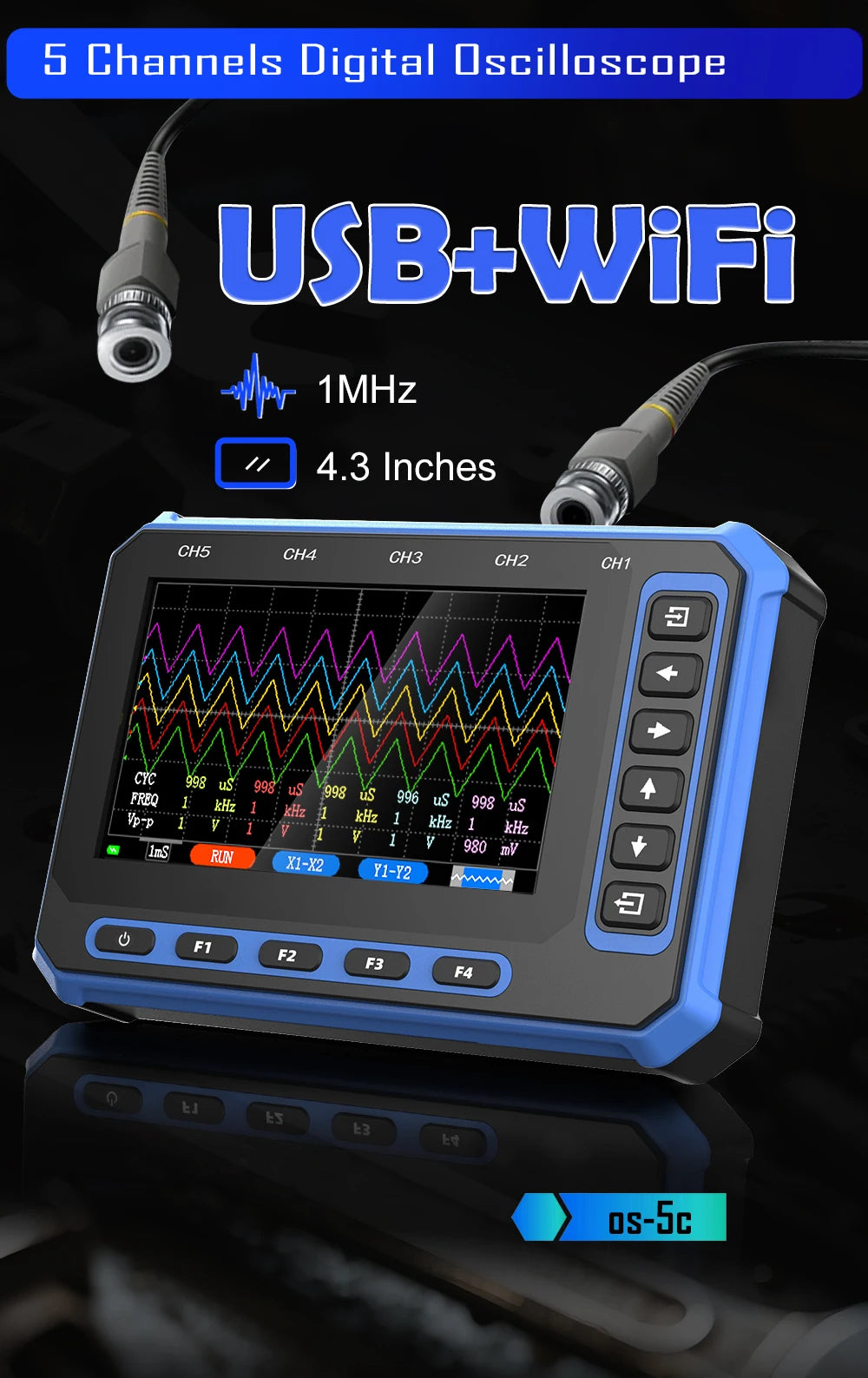 TOOLTOP 5 Channels Digital Oscilloscope 4.3-Inch WIFI & USB Connection 1MHz 3Msps Digital Oscilloscope Electrical Inspection