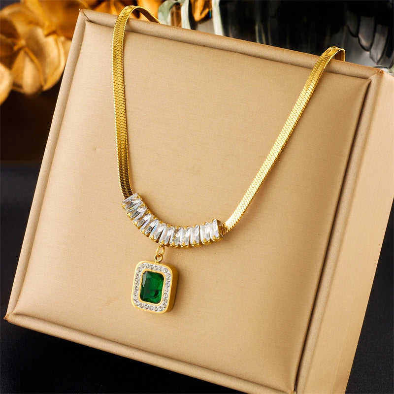 DIEYURO 316L Stainless Steel Luxury Non-fading Square Green Crystal Zircon Pendant Necklace Earrings Jewelry Set For Women Gifts