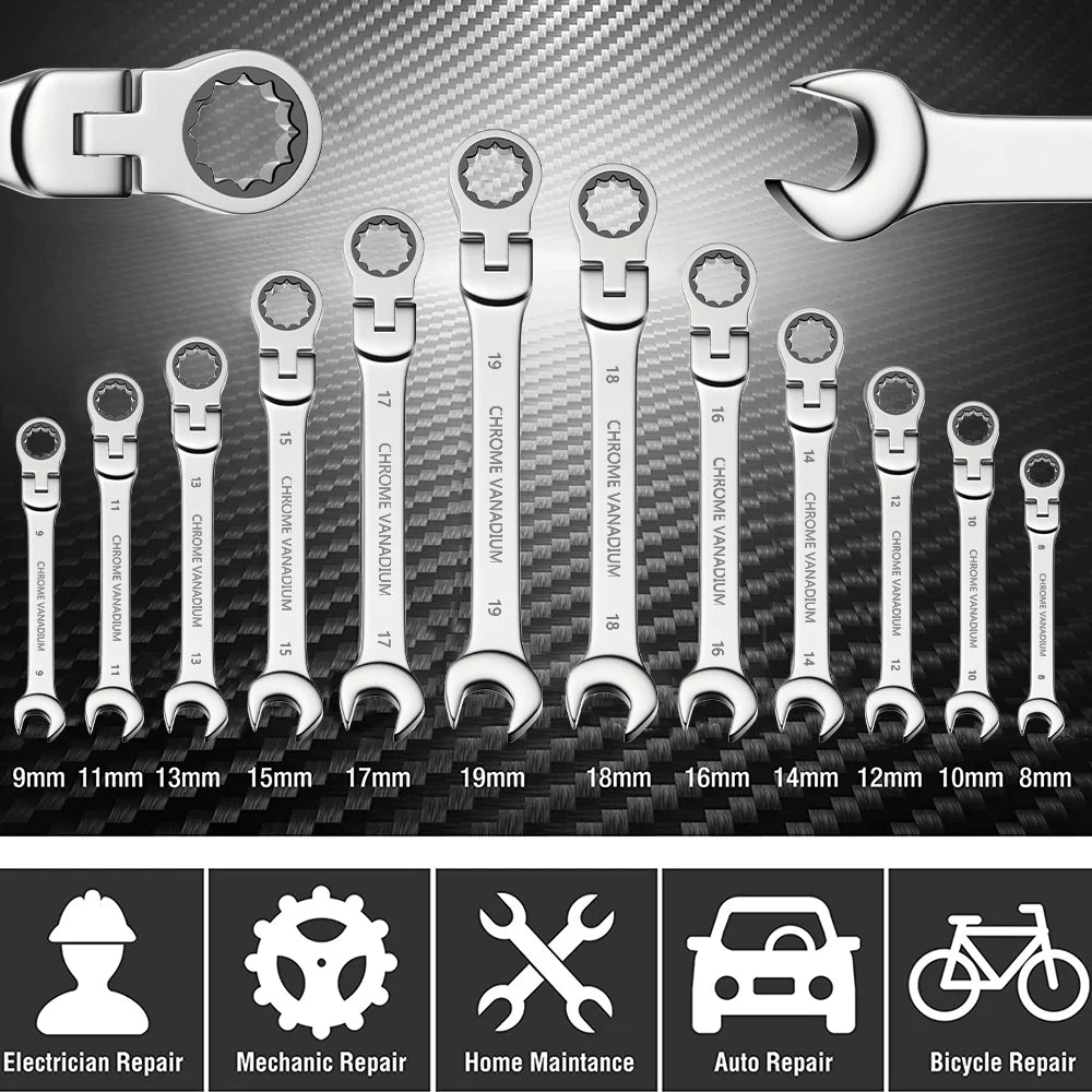 8pcs 72-Tooth Durable Ratchet Wrench Set Metric 8-19mm Multi-Function for Garage Home DIY Repair Maintenance Ideal Party Gift