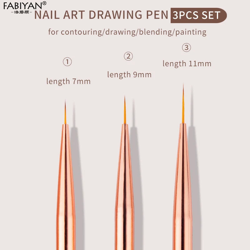 3Pcs  Nail Art Liner French Stripe Brush  UV Gel Brushes Painting  Drawing Manicure Pen Tools 7/9/11mm