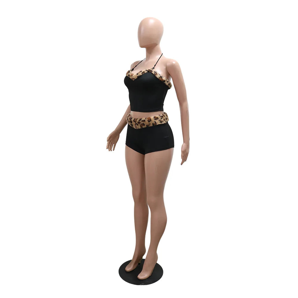 CM.YAYA Women's Set Strapless Sleeveless Leopard Print halter  Top and Shorts Suits 2024 Street Two 2 Piece Set Outfit Tracksuit