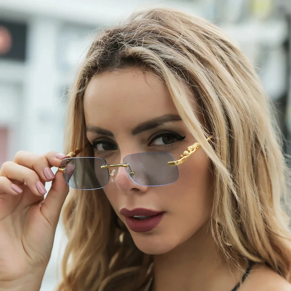 Neue randlose rechteckige Vintage-Sonnenbrille aus Metall mit Leopardenkopf, modische rahmenlose getönte Brillenschirme für Damen und Herren
