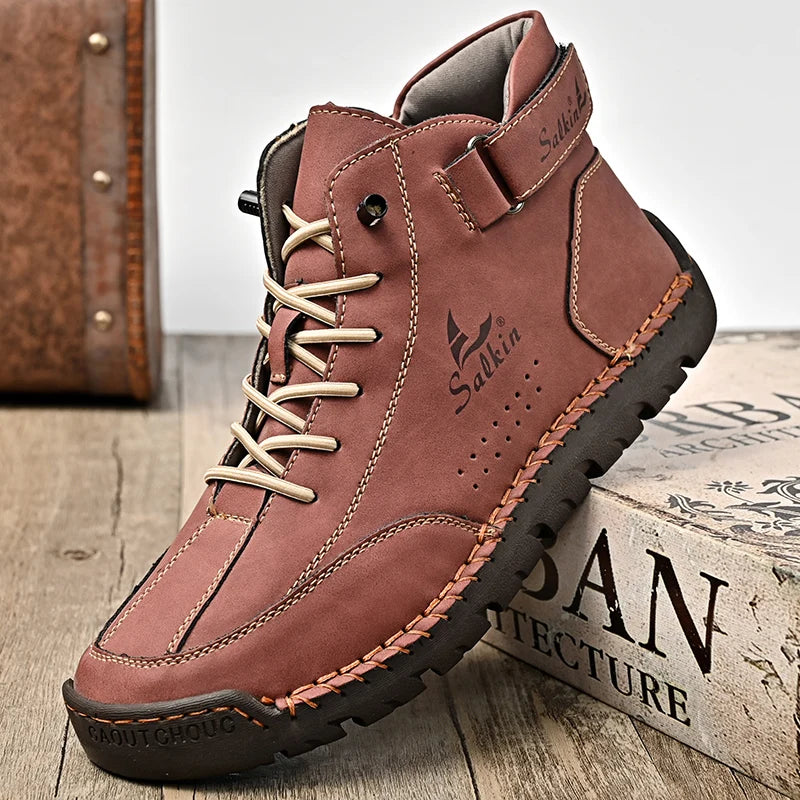 New 2024 Handmade Leather Men Boots Fashion Designer Shoes Man Leather Ankle Boots Men Walking Shoe Breathable Hombres Botas