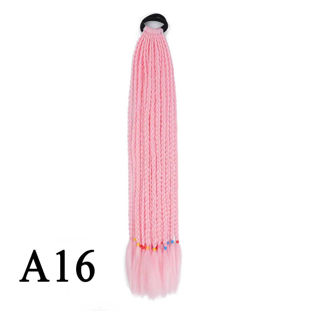 Synthetic 24 Inch Long Colored Box Braids Hair Ponytail With Rubber Bands Rainbow Twist Braided Highlights Ponytail For Women