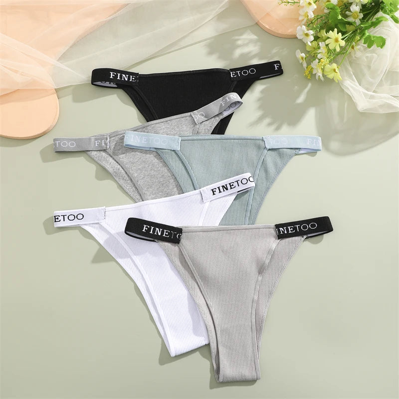 FINETOO 4Pcs/Set Cotton Letter Belt Underwear Women's Panties Sexy Low-Waist Bikini Underpants Female Breathable Briefs Lingerie