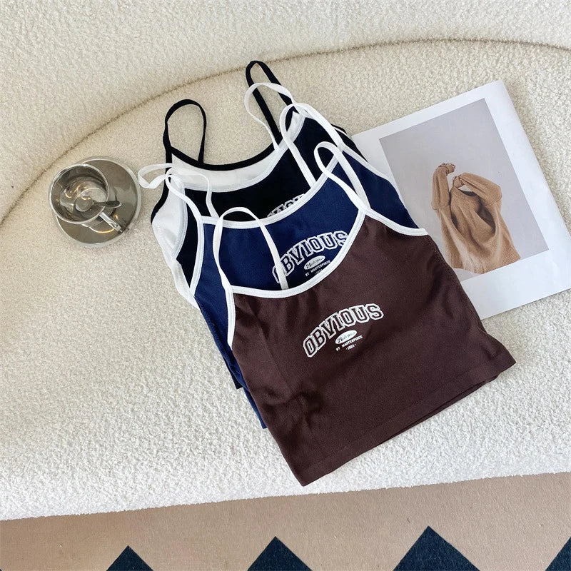 2024 Summer Letter Printing Tops Spaghetti Camisole Women With Padded Bra Crop Tops O-Neck Solid Crop Tops Y2k Sports Short Vest