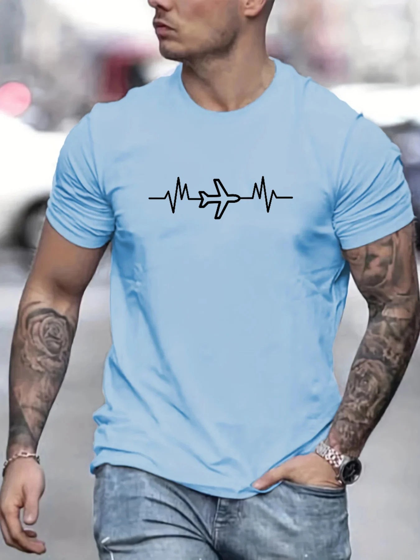 Herren-T-Shirt, 100 % Baumwolle, Sommer, lockere Größe, kreativer Flugzeug-Grafikdruck, lässige Passform, Rundhalsausschnitt, kurzärmelig