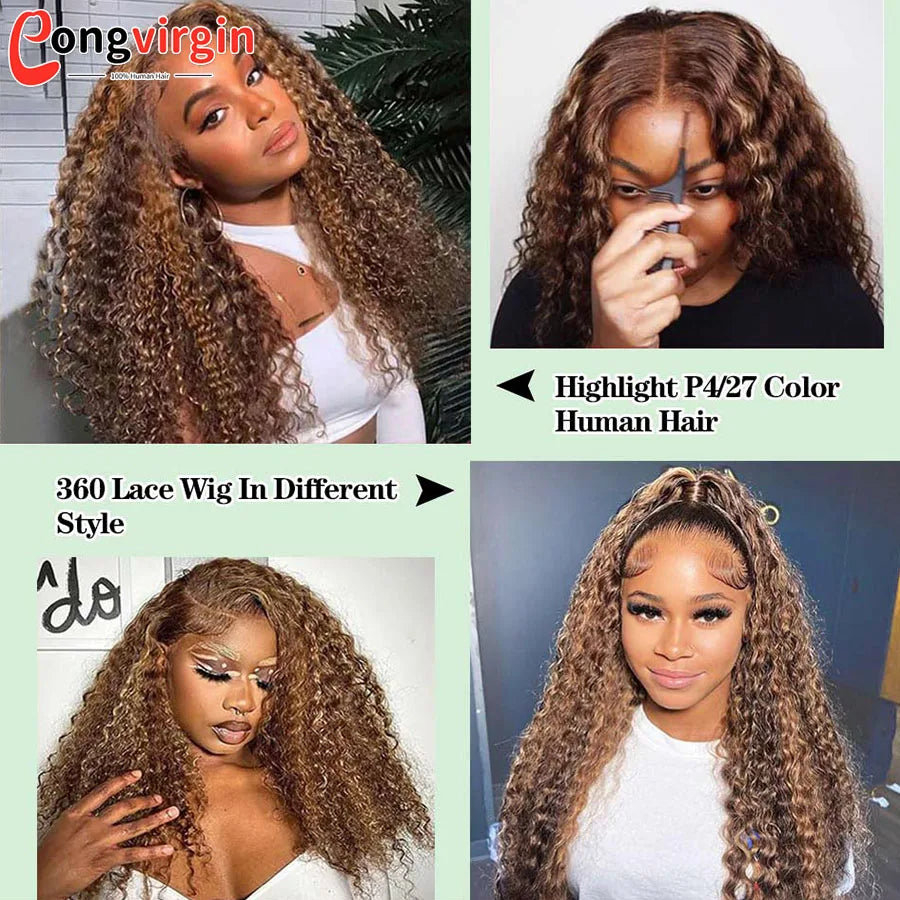 250 Density Highlight P4/27 Blonde 360 Full Hd Lace Front Wig Pre Plucked 30 Inch Glueless Wig Deep Wave Frontal Wig Human Hair