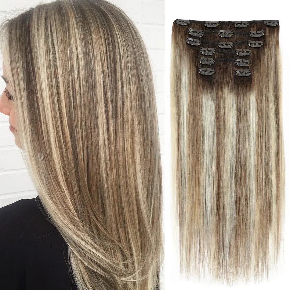 A woman's long straight hair with brown and blonde highlights next to a clip-in extension bundle matching the style.
