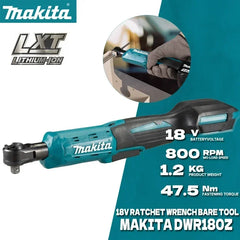 MAKITA DWR180Z 18V LXT Cordless Ratchet Wrench 6.35mm Drive 800RPM 47.5 N·m Angle Wrench Socket Wrench Power Tools DWR180