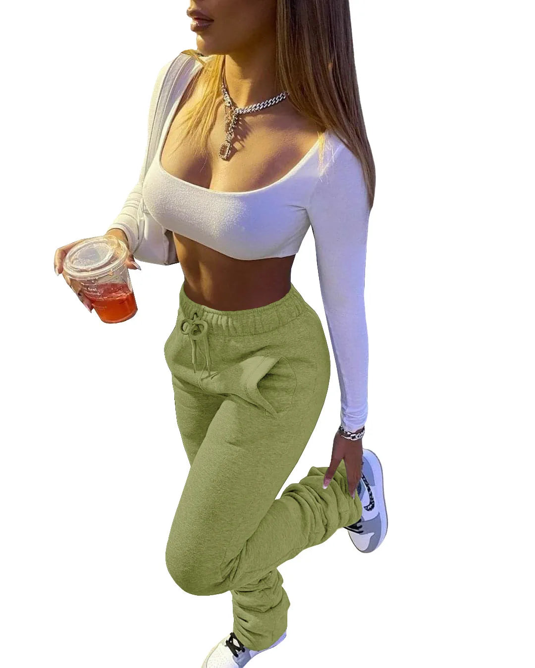 XS-3XL Size Stacked Sweat Pants Fall Winter Womens Mid Waist Thick Stacked Fleece Pants Joggers Long Trousers Sweatpants