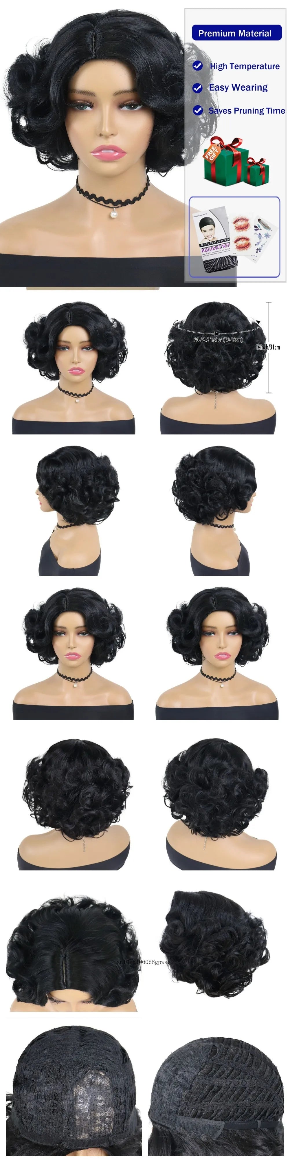 Synthetic Blue Wigs Cosplay Halloween Party Carnival Use Short Curly Wig for Women Natural Fluffy Hair Side Parting Hairstyle