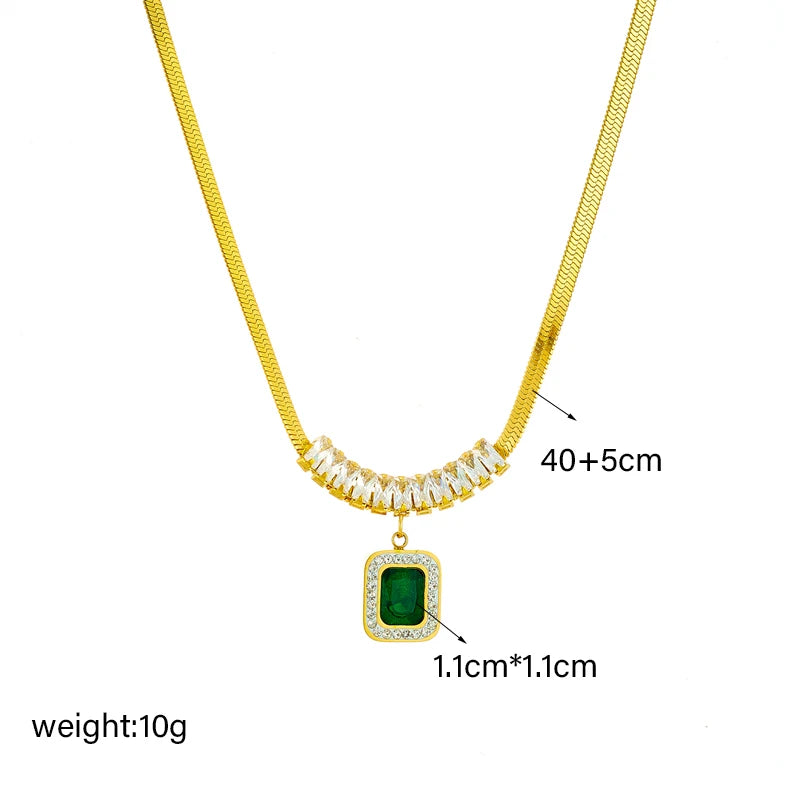 DIEYURO 316L Stainless Steel Luxury Non-fading Square Green Crystal Zircon Pendant Necklace Earrings Jewelry Set For Women Gifts