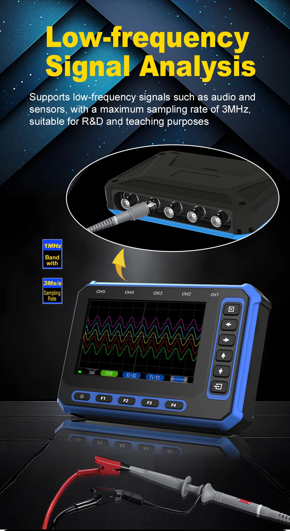 TOOLTOP 5 Channels Digital Oscilloscope 4.3-Inch WIFI & USB Connection 1MHz 3Msps Digital Oscilloscope Electrical Inspection