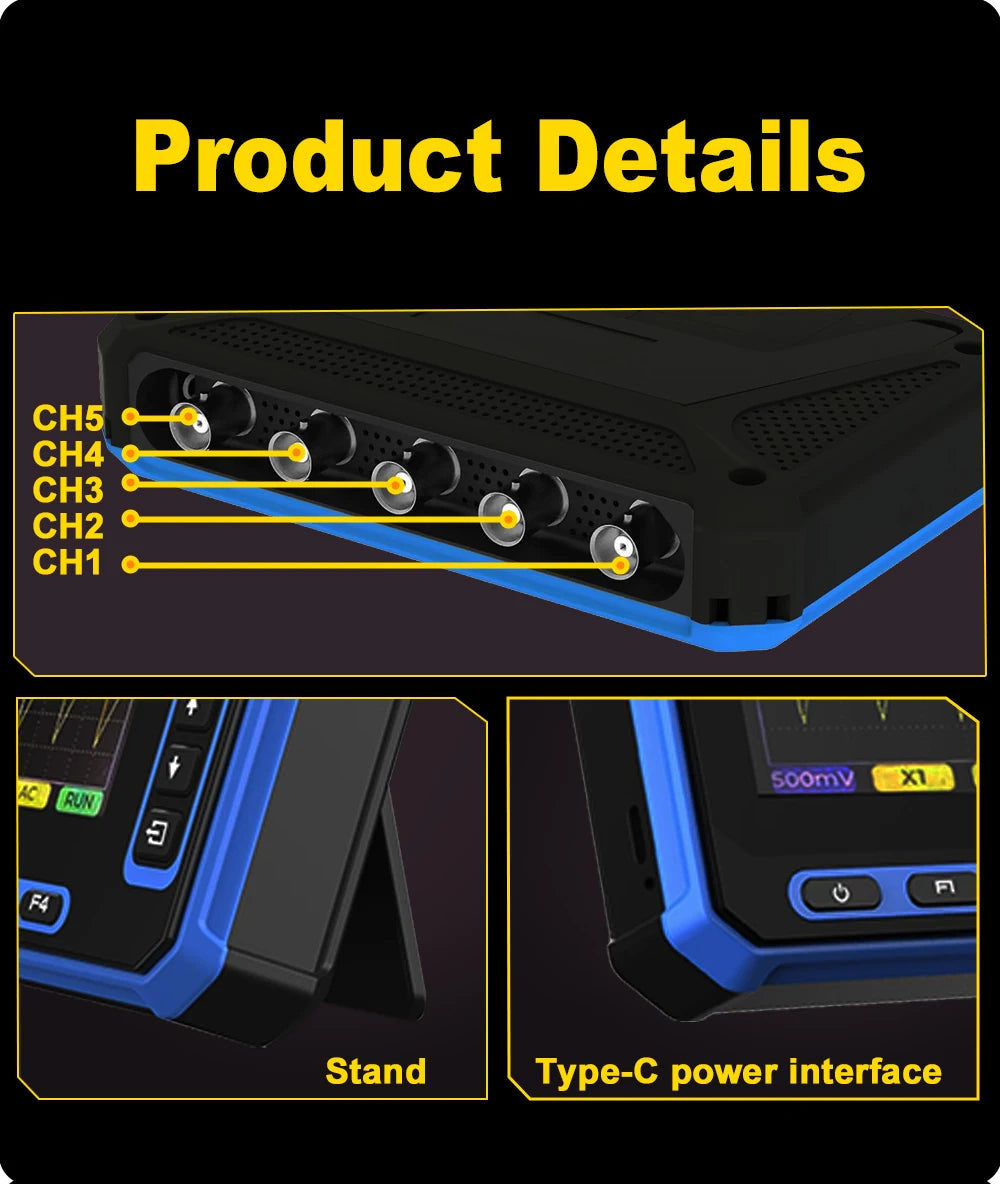 TOOLTOP 5 Channels Digital Oscilloscope 4.3-Inch WIFI & USB Connection 1MHz 3Msps Digital Oscilloscope Electrical Inspection