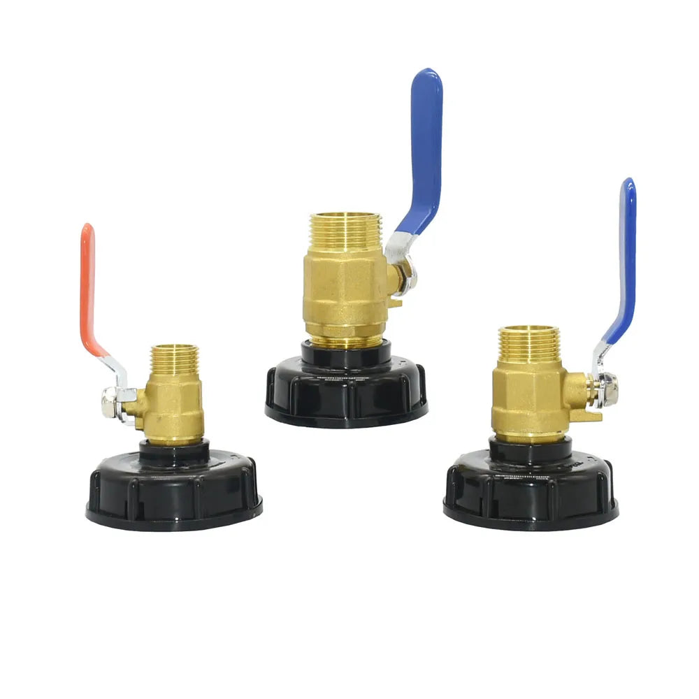 Three IBC tank drain adapter fittings with brass ball valves.