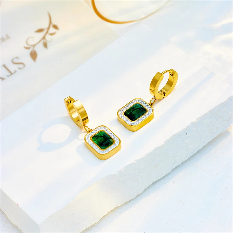 DIEYURO 316L Stainless Steel Luxury Non-fading Square Green Crystal Zircon Pendant Necklace Earrings Jewelry Set For Women Gifts