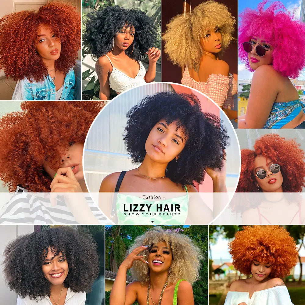 Short Afro Curly Wig With Bangs Synthetic African Glueless Fluffy Black Ombre Brown Curly Women's Wigs