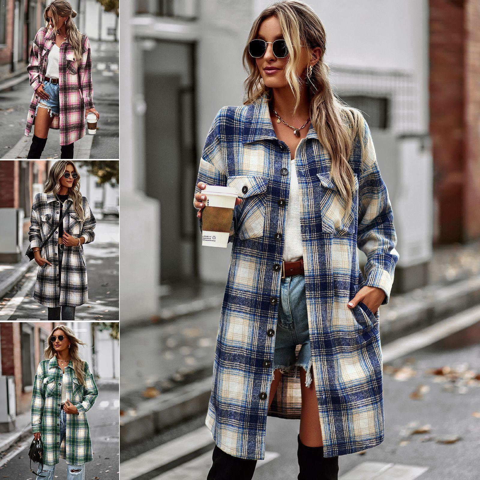 Woman wearing long plaid shacket in four different colors.
