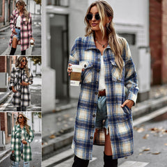 Woman wearing long plaid shacket in four different colors.