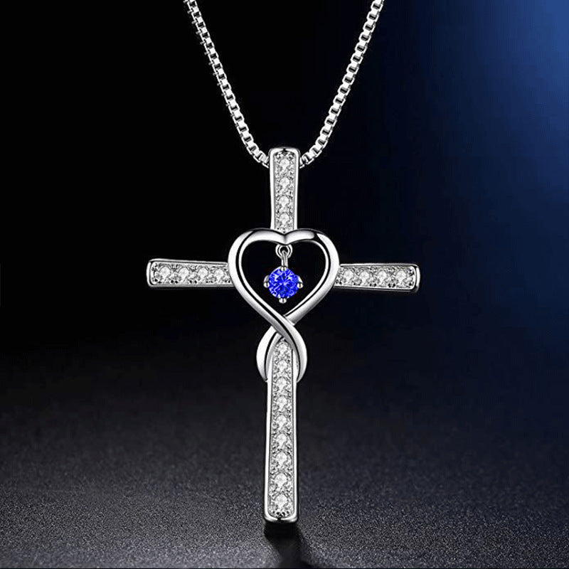 Unendlichkeit Liebe Gott Wir Vertrauen Christliches Kreuz Geburtsstein Kristall Anhänger Halskette Farbe Edelsteine ​​Zirkon Herz Halskette Frauen Schmuck