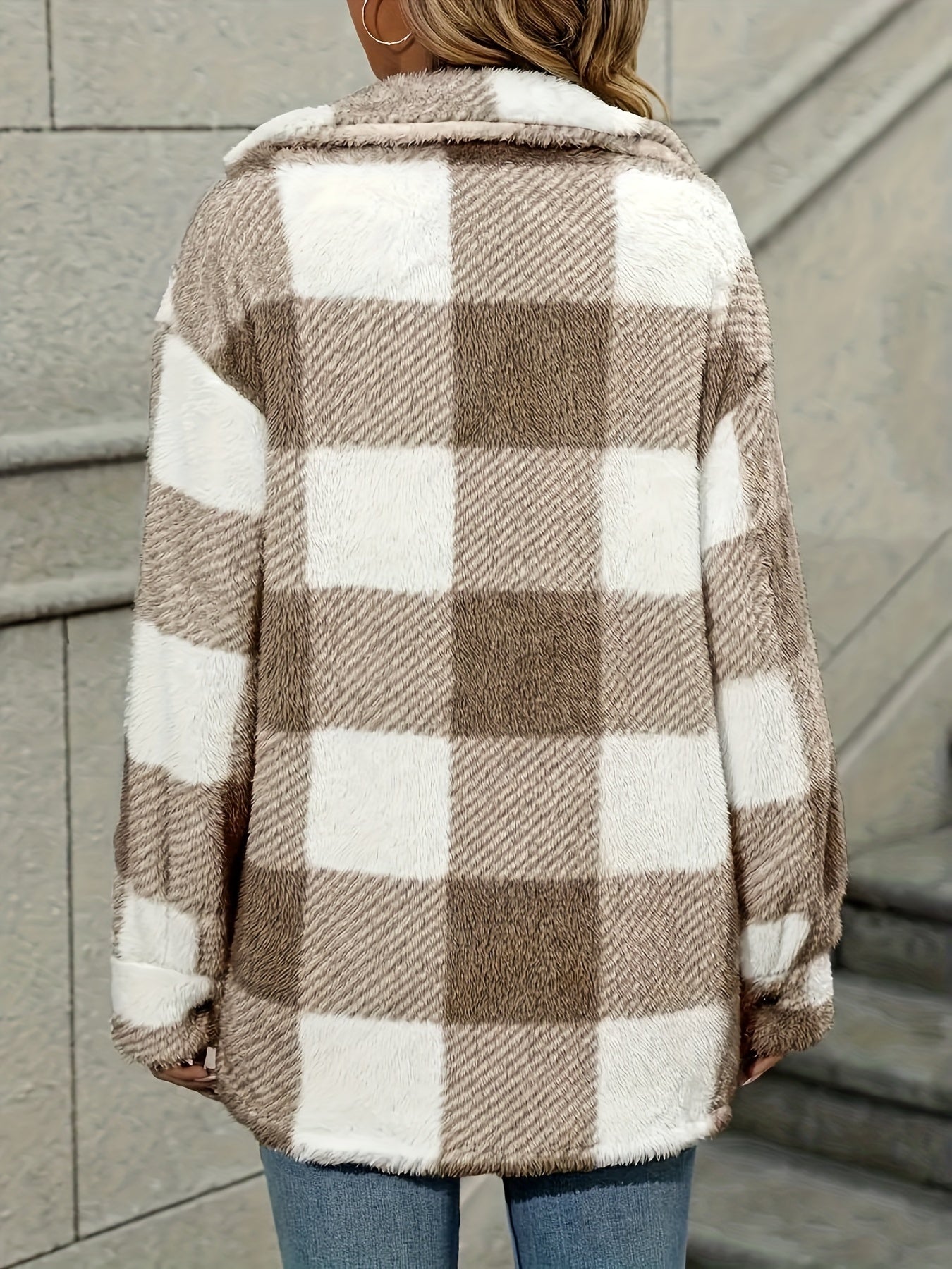 Women's Plaid Button-Front Teddy Coat, Long Sleeve Thermal Winter Outwear