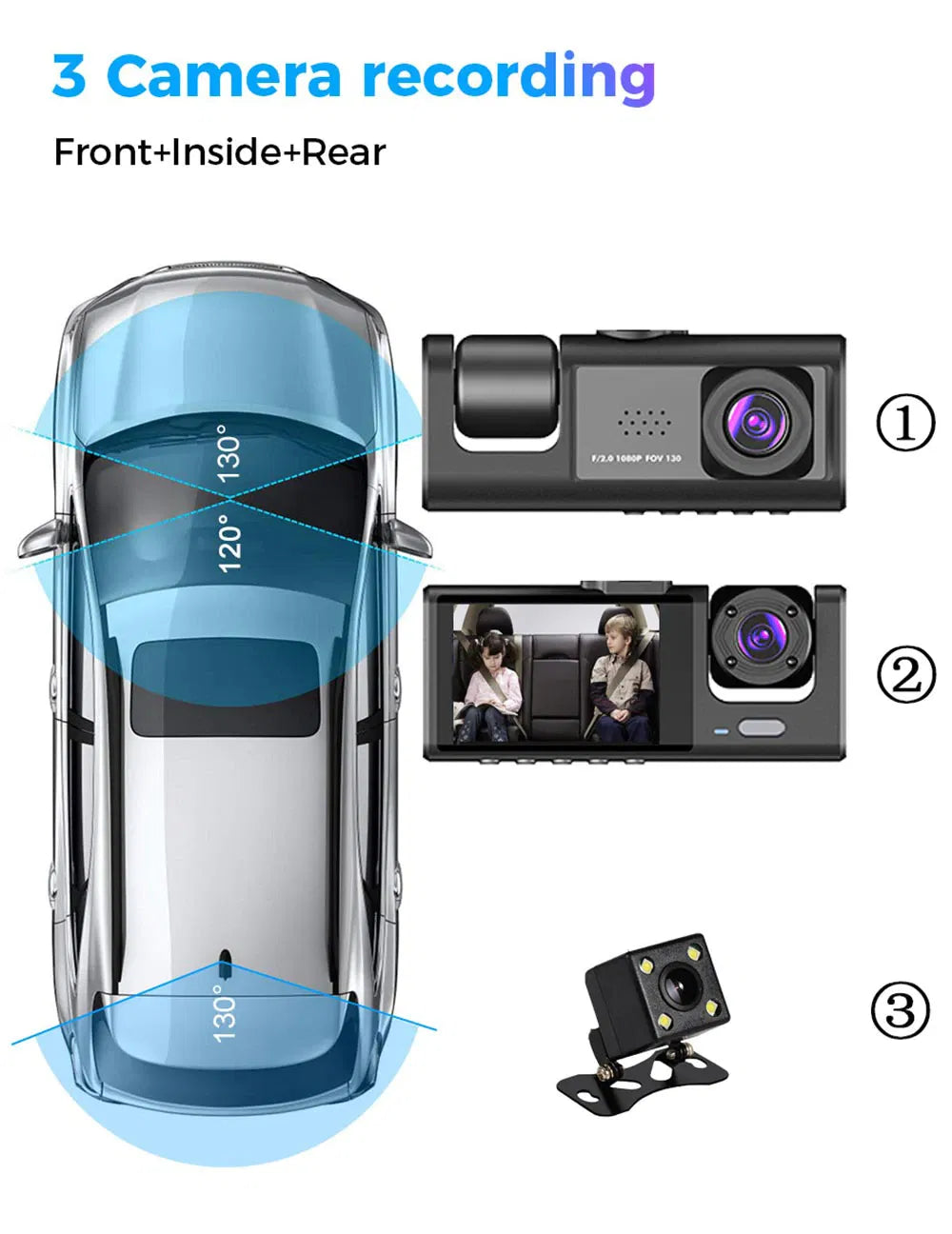 Inside Rear Duals Car Dual Lens Dash Cam HD 1080P Front Rear Inside Video Recorder Camer