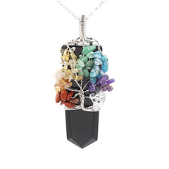 Chakra gemstone Tree of Life on black pointed pendant.