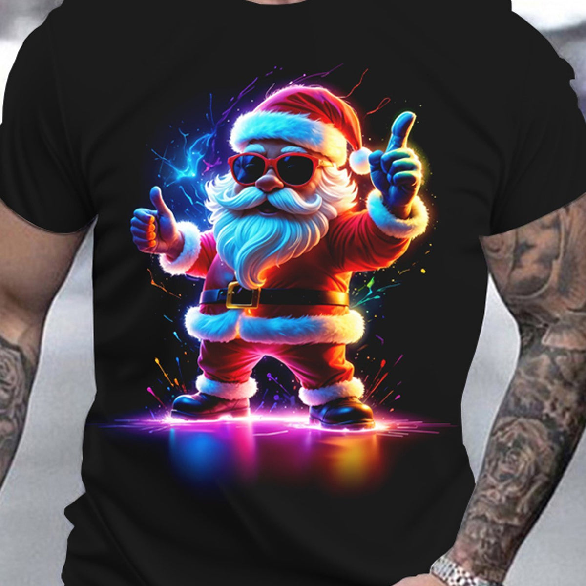 Image of Santa T-shirt: Black T-shirt with neon, cool Santa in sunglasses giving a thumbs up.