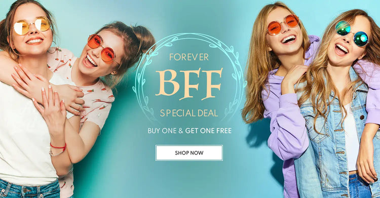 Four smiling young women in sunglasses on a teal background advertising a "Forever BFF Special Deal: Buy One & Get One Free"